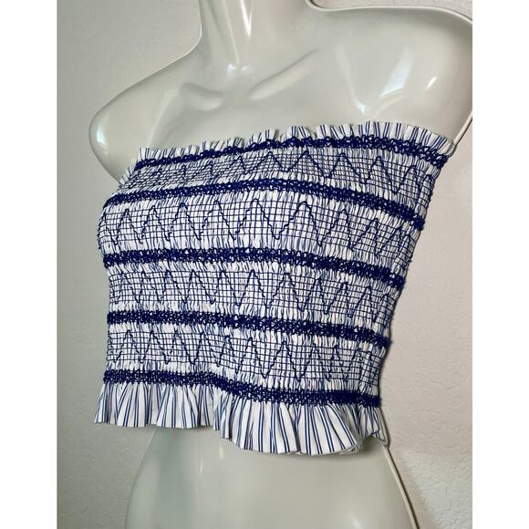 Christian Lacroix Smocked Tube Top Navy Blue & White Striped Ruffle Size Small - Picture 2 of 5